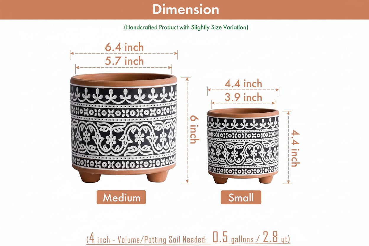 Midnight Lace Terracotta Planter Set | 4" & 6" Indoor Pots with Drainage, 