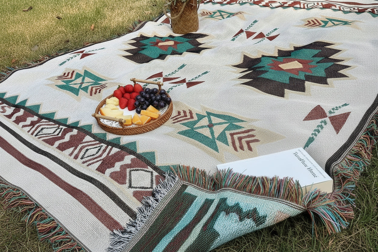 Aztec Geometric Woven Throw Blanket | Boho Fringe Tapestry