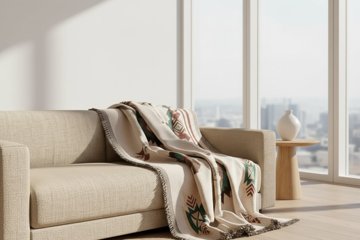 Aztec Geometric Woven Throw Blanket | Boho Fringe Tapestry in apartment