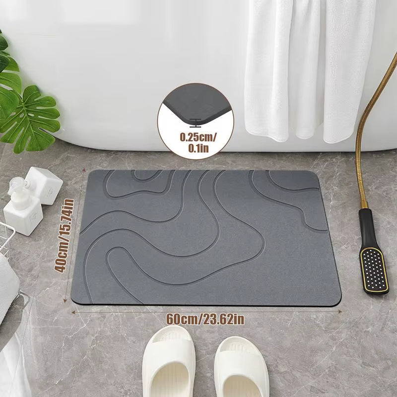TerraFlow™ Diatomite Bath Mat on tile floor with measurements