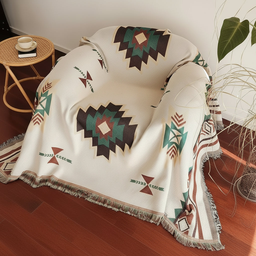 Aztec Geometric Woven Throw Blanket | Boho Fringe Tapestry