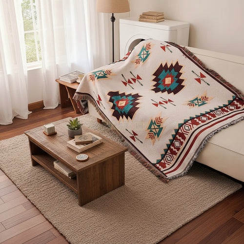 Aztec Geometric Woven Throw Blanket | Boho Fringe Tapestry