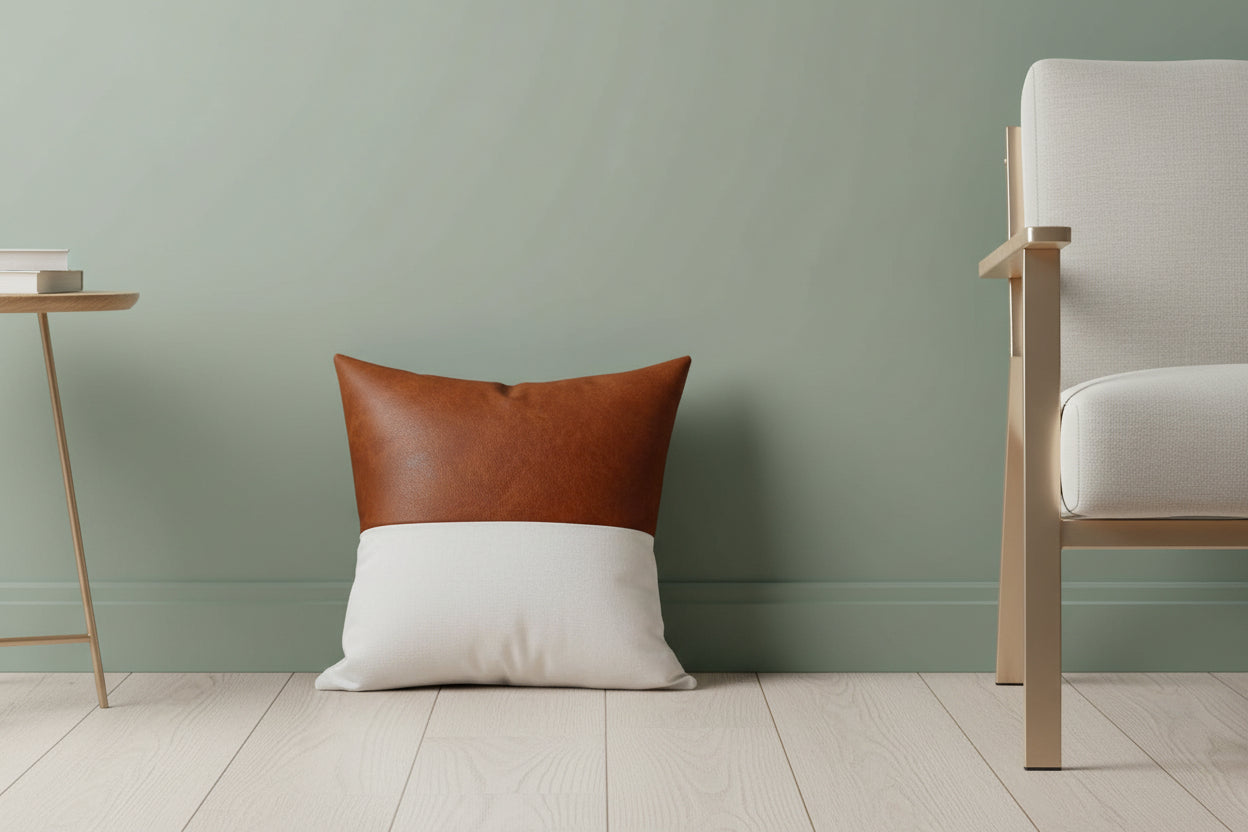 Modern Leather & Cotton Throw Pillow Covers | Set of 2 (18" x 18")minimalist faux leather pillows, vegan leather cushion cover, modern zen throw pillow, cognac brown pillowcase, eco-friendly home decor