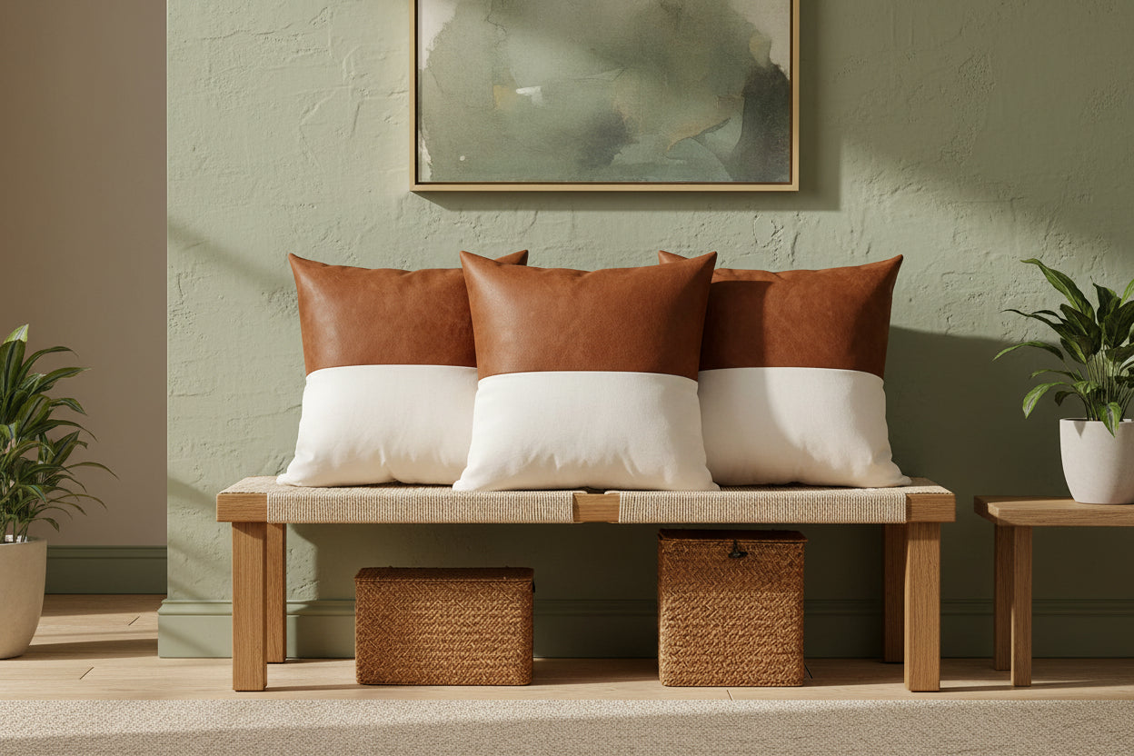 minimalist faux leather pillows, vegan leather cushion cover, modern zen throw pillow, cognac brown pillowcase, eco-friendly home decor